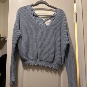 Jessica Simpson Light Blue Frayed V-Neck Sweater